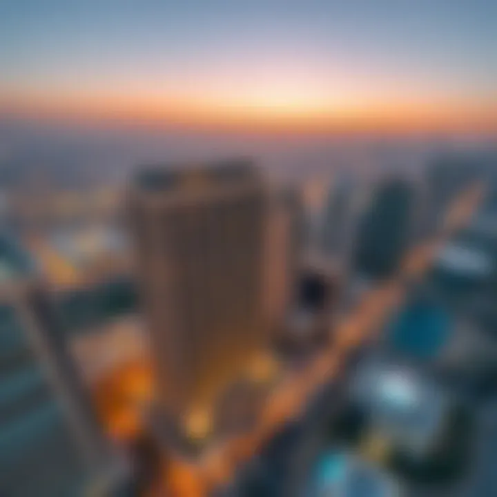 Aerial view of Al Fattan Plaza in the context of Dubai's skyline