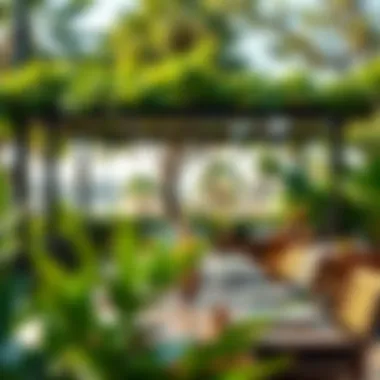 Outdoor Dining Amidst Nature Vibrant outdoor dining area with lush greenery