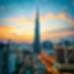 A stunning view of the Burj Khalifa against a vibrant sunset