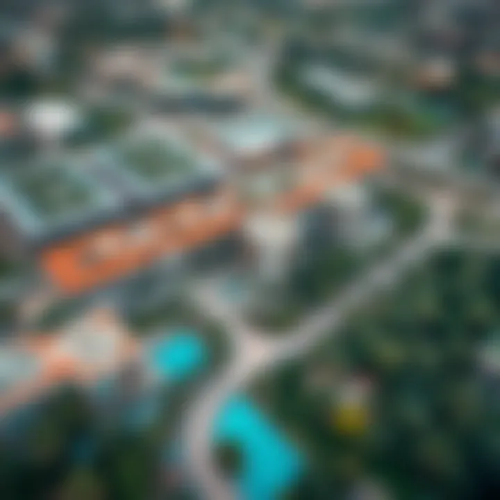 Aerial view of a green community in Dubai showcasing sustainable architecture and lush landscapes
