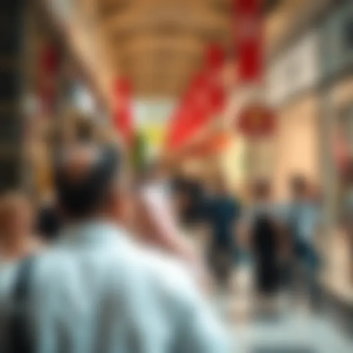 A bustling scene of shoppers enjoying the vibrant atmosphere of an outlet mall