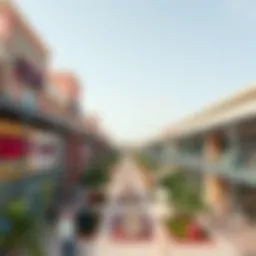 A panoramic view of an outlet mall showcasing various storefronts