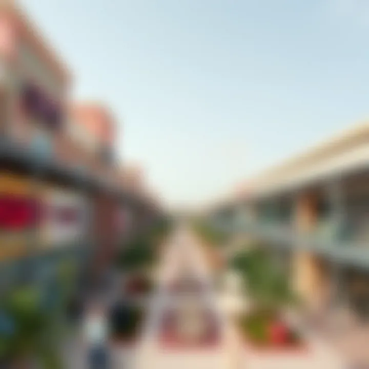 A panoramic view of an outlet mall showcasing various storefronts