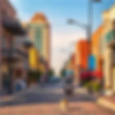 A vibrant street scene illustrating the bustling community and amenities around Peninsula Two