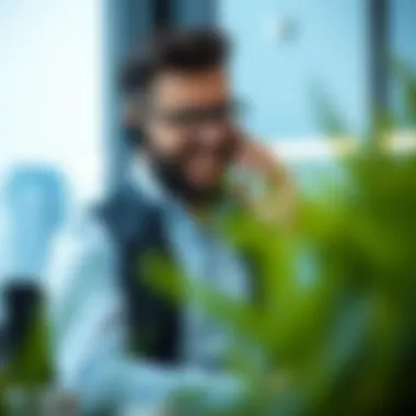 Business professional discussing property deals on a call