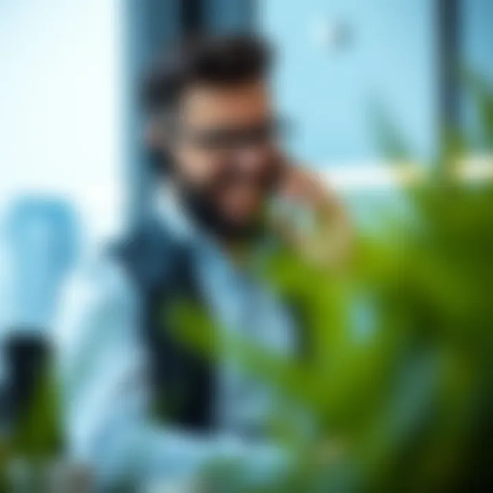 Business professional discussing property deals on a call