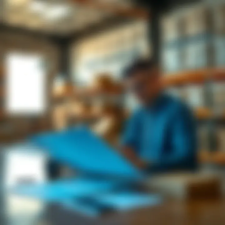 Business owner reviewing lease agreements in a small warehouse