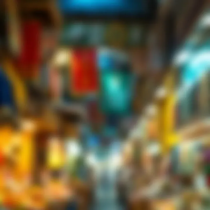 Bustling souk in Dubai's Old City filled with vibrant colors and traditional crafts.