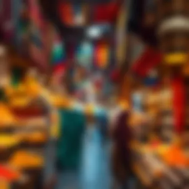 Vibrant Atmosphere of the Old Souk A bustling market scene at the Old Souk, showcasing vibrant textiles and spices