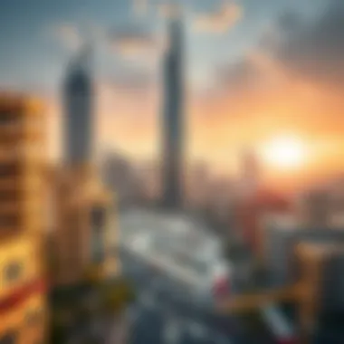 A bustling scene of the surrounding area of XL Tower, depicting urban development