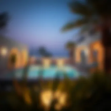 Tranquil Evening at the Villa A tranquil evening scene at a villa with a pool illuminated by soft lights