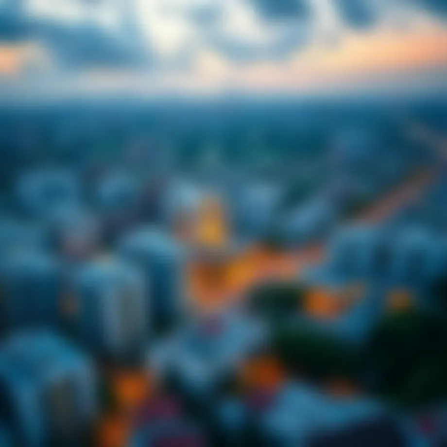 A vibrant overview of International City, showcasing residential buildings and community layout