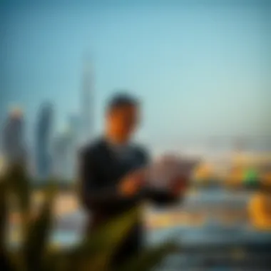 Investor examining real estate market trends with a backdrop of Dubai's skyline