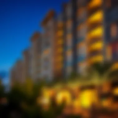 Exterior architecture of Jumeirah Living Residence illuminated at night