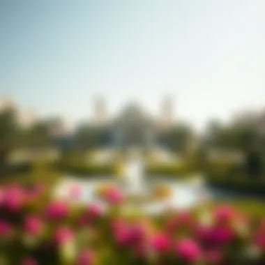 Landscape of the surrounding area with gardens and water features adjacent to the residences.