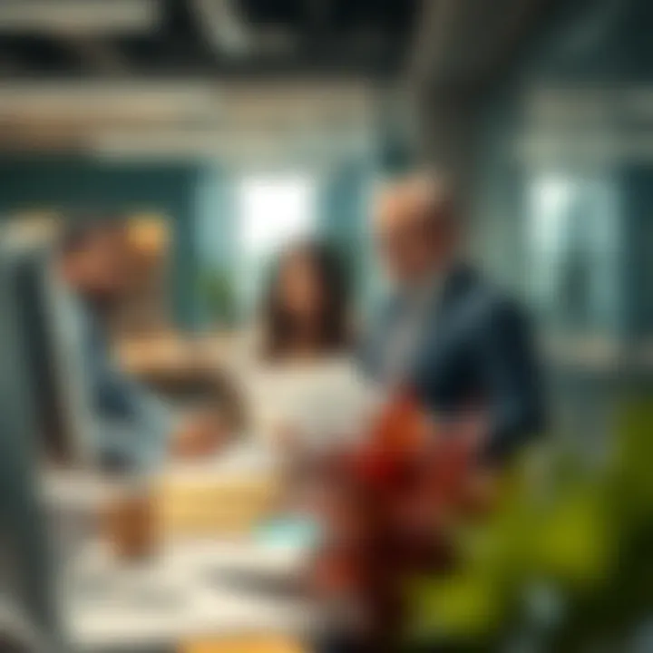 Real Estate Professionals Analyzing Market Trends A bustling real estate office with professionals discussing market trends