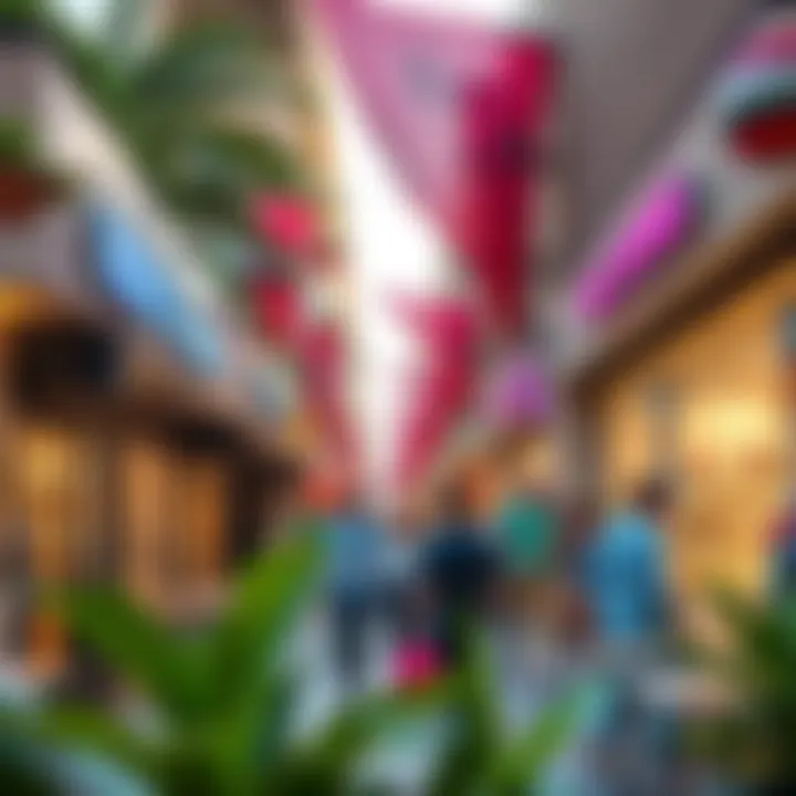 Lively Outdoor Shopping Experience Outdoor shopping district with lively atmosphere and cafes