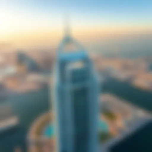 Aerial view of Tamouh Tower showcasing its unique architectural design