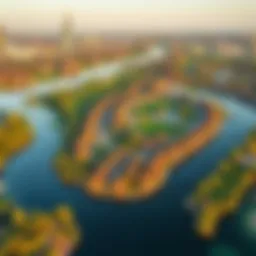 Aerial view of The Lakes community showcasing lush greenery and waterways