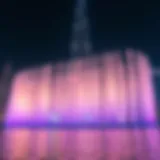 Majestic Water Display at Burj Khalifa Majestic display of water jets illuminated by colorful lights