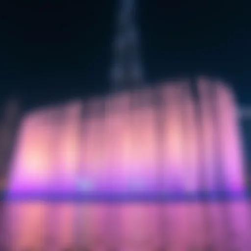 Majestic Water Display at Burj Khalifa Majestic display of water jets illuminated by colorful lights