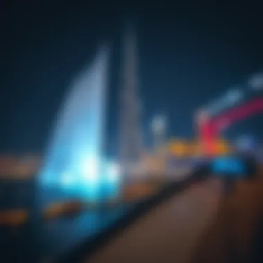 Nighttime ambiance with Burj Khalifa and the water show