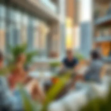 A group of friends enjoying leisure time in a vibrant common area