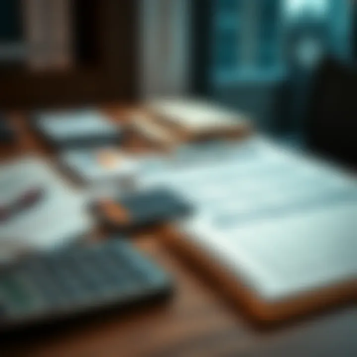 An office desk with a calculator, notepad, and financial reports related to conveyancing fees.