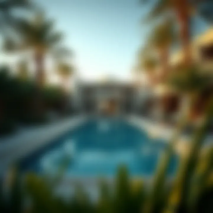 View of a lavish swimming pool surrounded by palm trees and luxury features